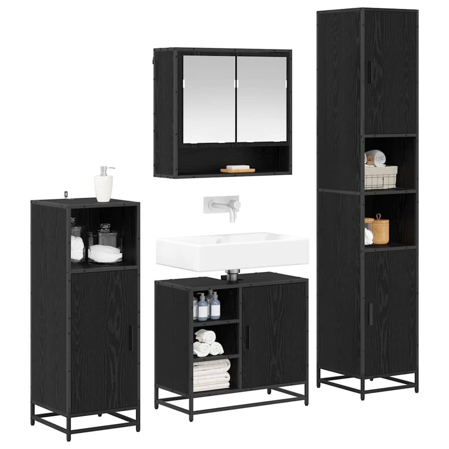 Badkamermeubelset met plank 4 pcs Zwart Eiken Bewerkt hout