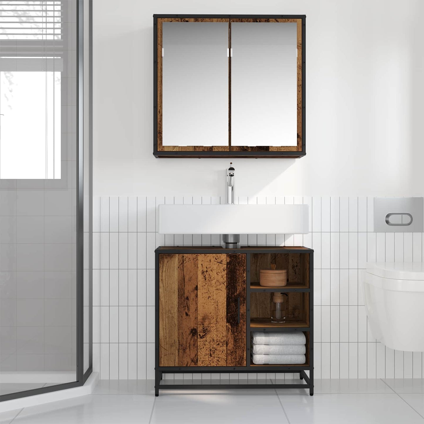 Badkamermeubelset met plank 2 pcs Oud Hout Bewerkt hout