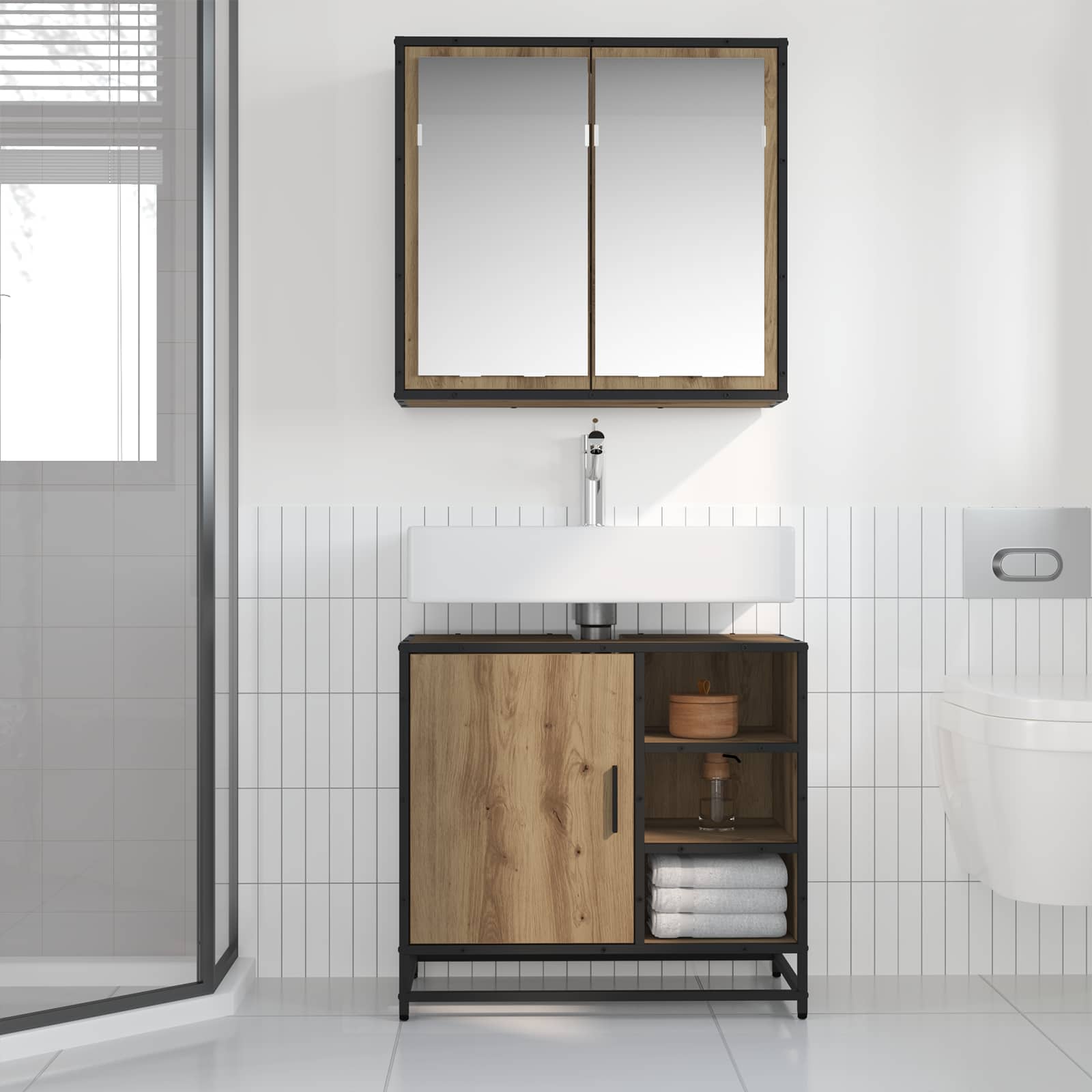 Badkamermeubelset met plank 2 pcs Artisan Eiken Bewerkt hout