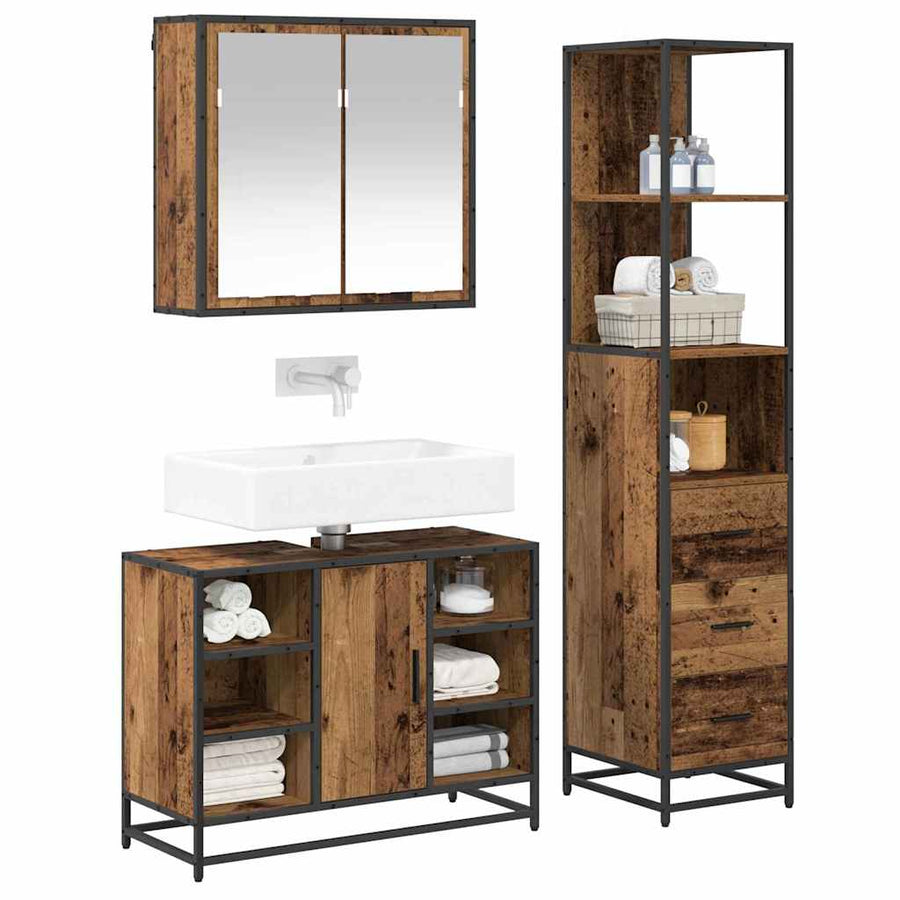 Badkamermeubelset 3 pcs Oud hout 80 x 33 x 60 cm Bewerkt hout