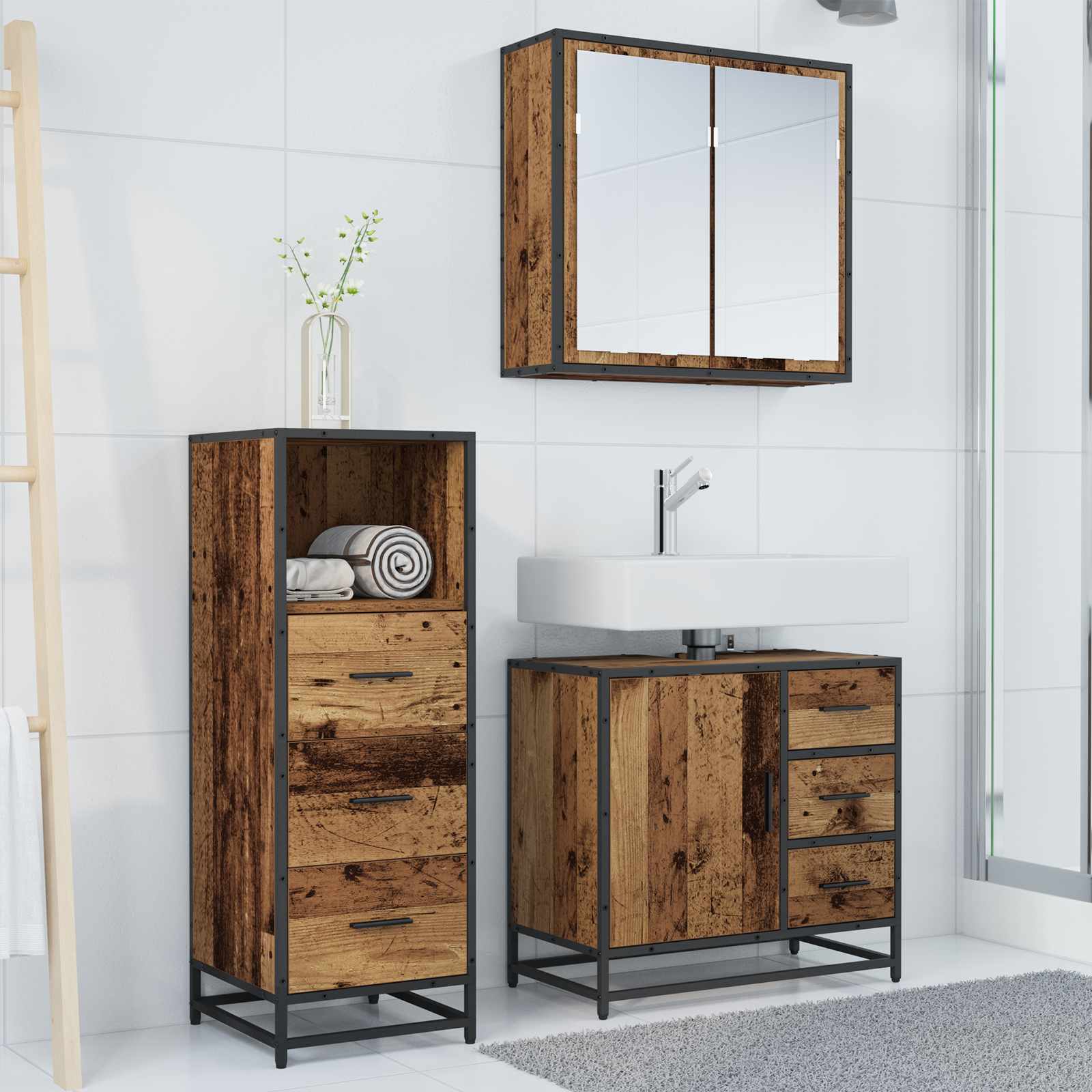 Badkamermeubelset met lade 3 pcs Oud Hout Bewerkt hout