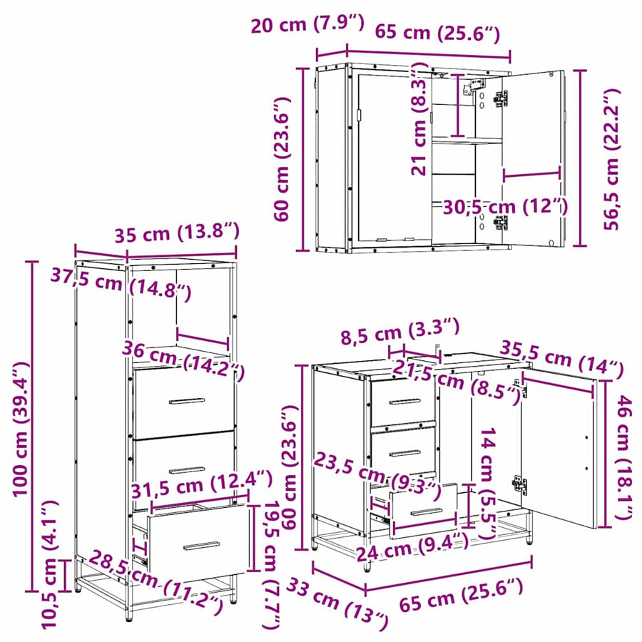 Badkamermeubelset met lade 3 pcs Zwart eiken 35 x 37,5 x 100 cm