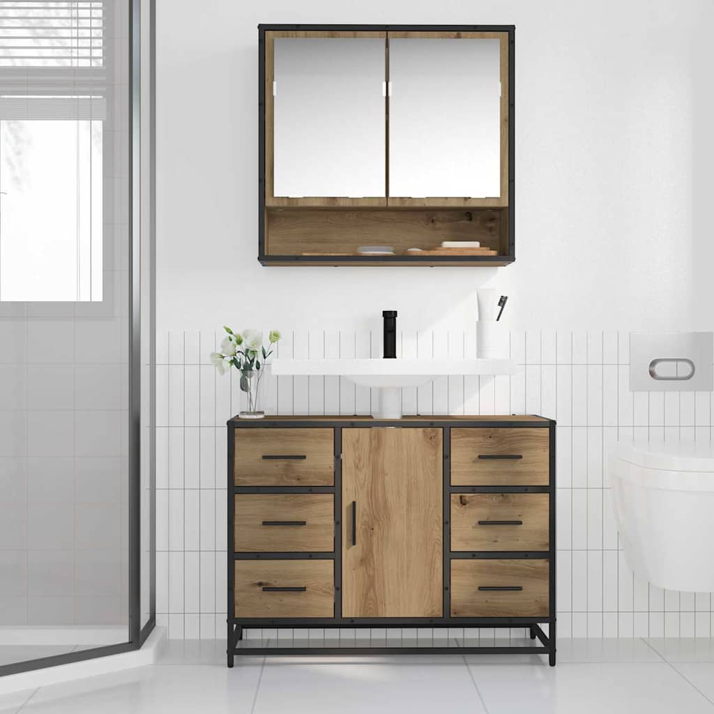 Badkamermeubelset 2 Pcs Artisanaal Eikenkleurig Bewerkt Hout