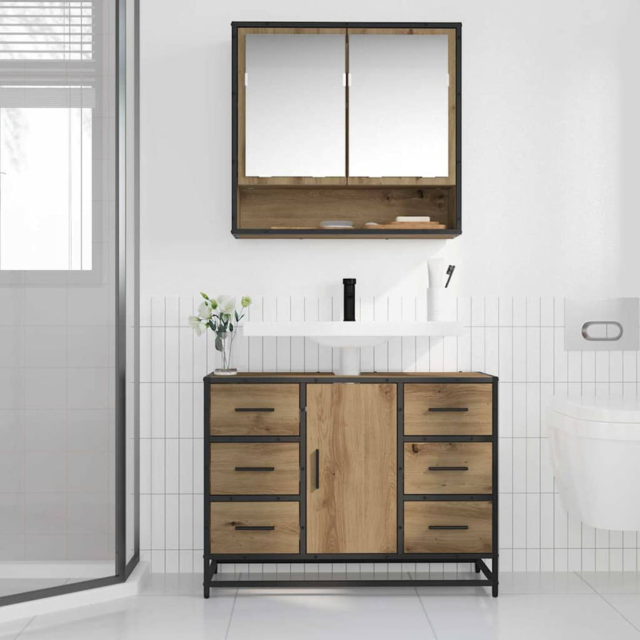 Badkamermeubelset 2 Pcs Artisanaal Eikenkleurig Bewerkt Hout