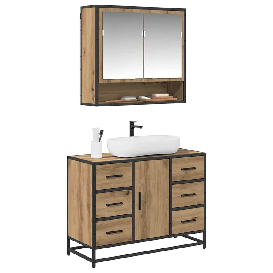 Badkamermeubelset 2 Pcs Artisanaal Eikenkleurig Bewerkt Hout