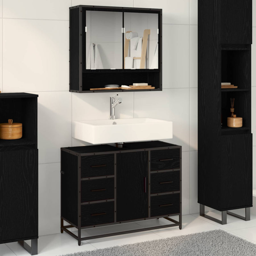 Badkamermeubelset met lade 2 pcs Zwart Eiken Bewerkt hout