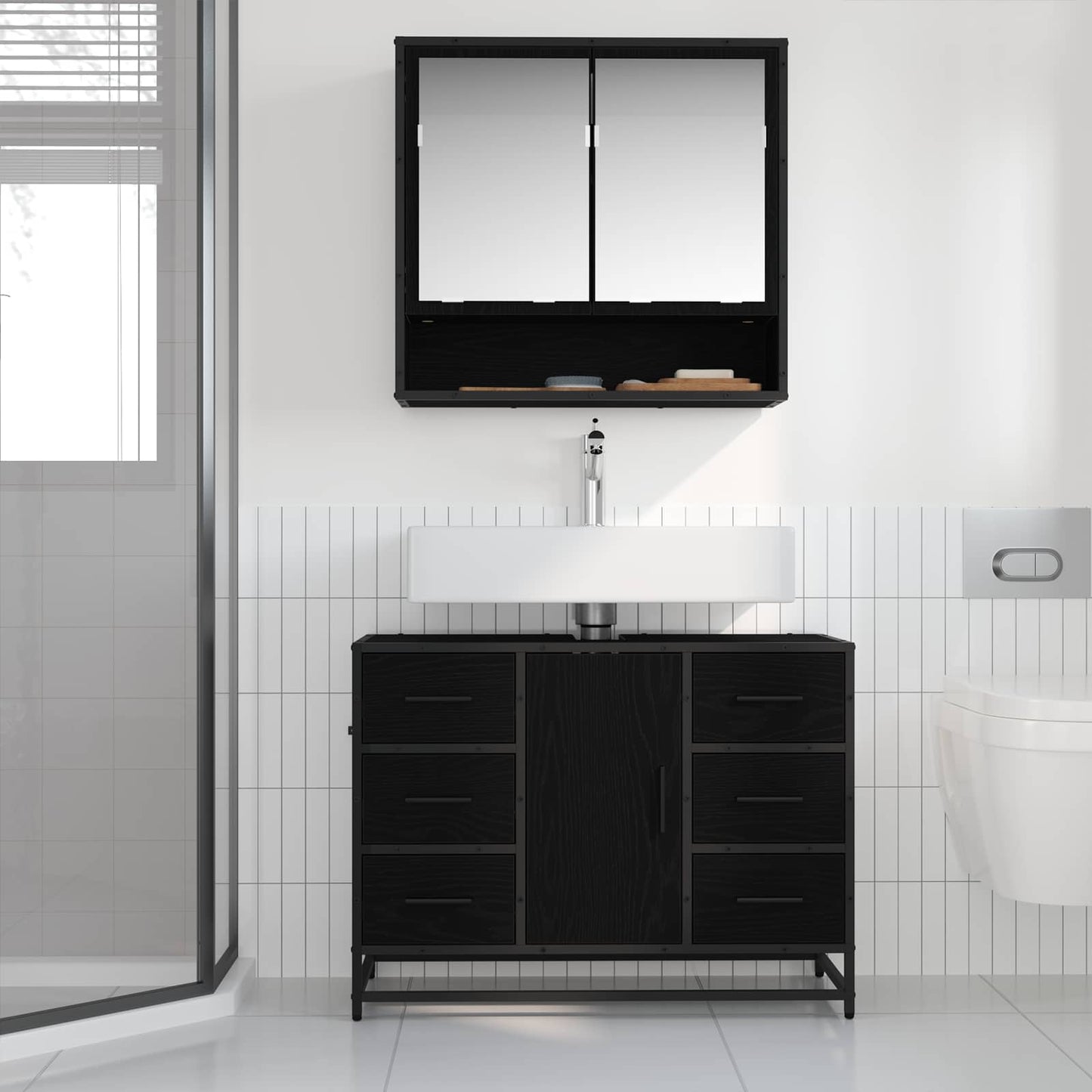 Badkamermeubelset met lade 2 pcs Zwart Eiken Bewerkt hout