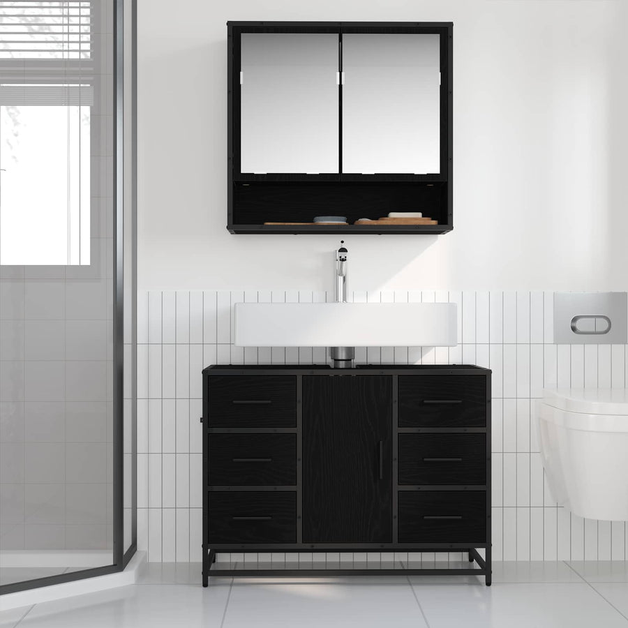 Badkamermeubelset met lade 2 pcs Zwart Eiken Bewerkt hout
