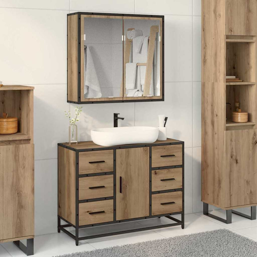 Badkamermeubelset 2 Pcs Artisanaal Eikenkleurig Bewerkt Hout