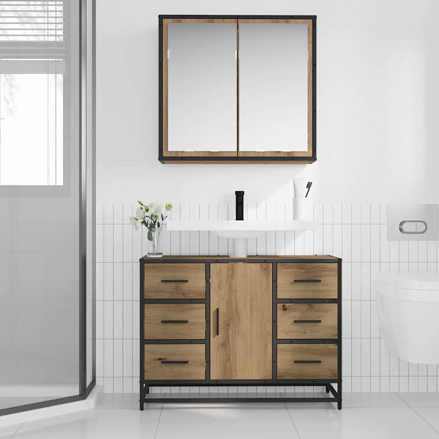 Badkamermeubelset 2 Pcs Artisanaal Eikenkleurig Bewerkt Hout