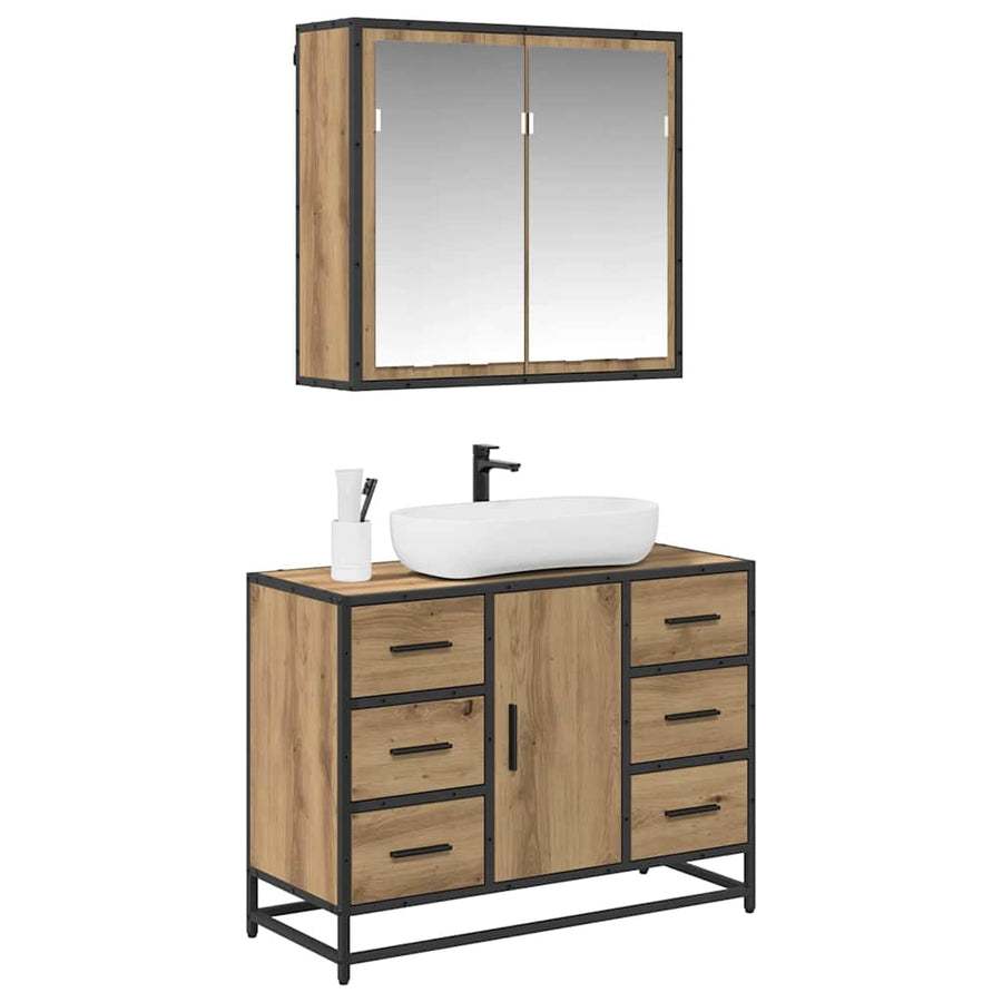 Badkamermeubelset 2 Pcs Artisanaal Eikenkleurig Bewerkt Hout