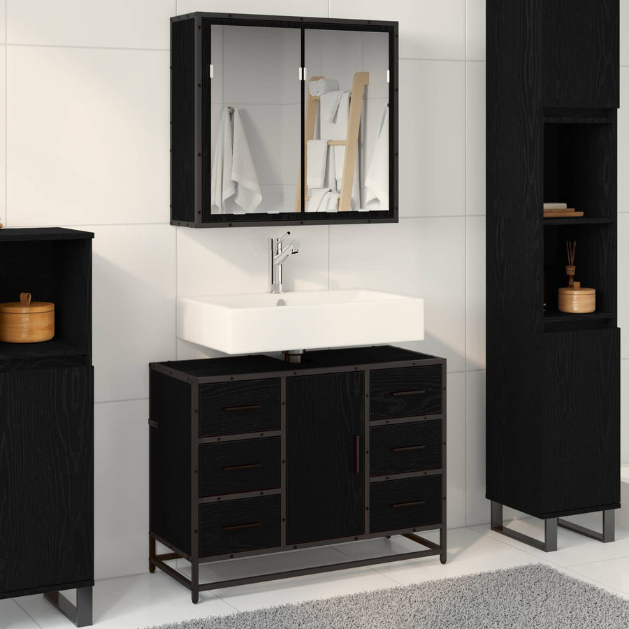 Badkamermeubelset met lade 2 pcs Zwart Eiken Bewerkt hout