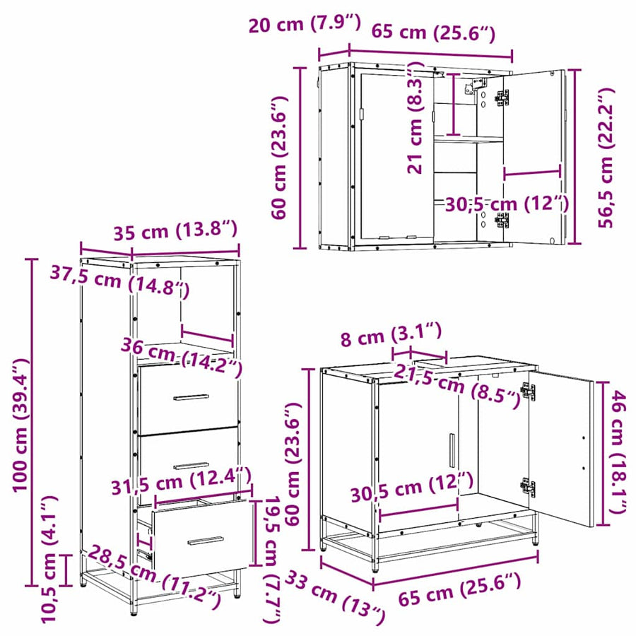 Badkamermeubelset 3 pcs Oud hout 65 x 33 x 60 cm Bewerkt hout