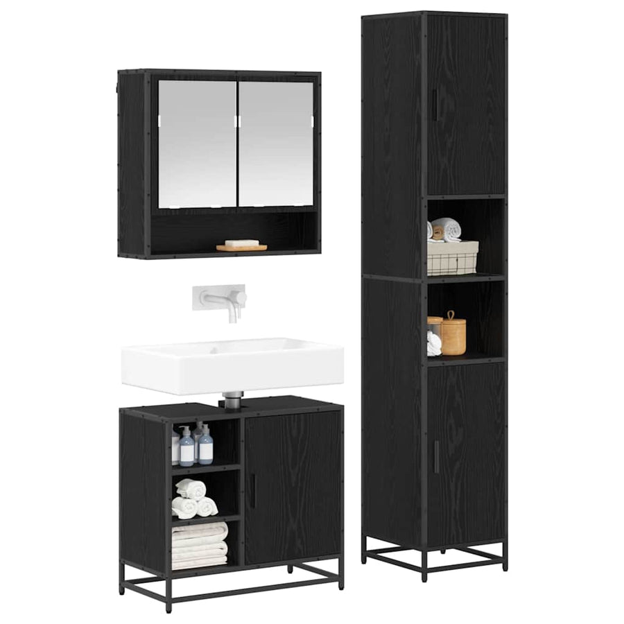 Badkamermeubelset met plank 3 pcs Zwart Eiken Bewerkt hout