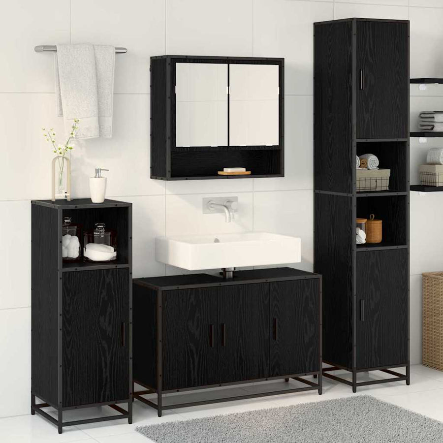 Badkamermeubelset met plank 4 pcs Zwart Eiken Bewerkt hout