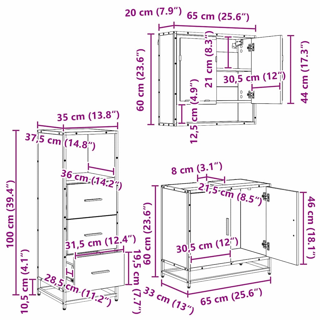 Badkamermeubelset 3 pcs Oud hout 65 x 33 x 60 cm Bewerkt hout