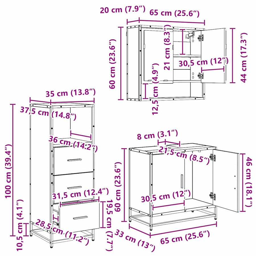 Badkamermeubelset 3 pcs Oud hout 65 x 33 x 60 cm Bewerkt hout