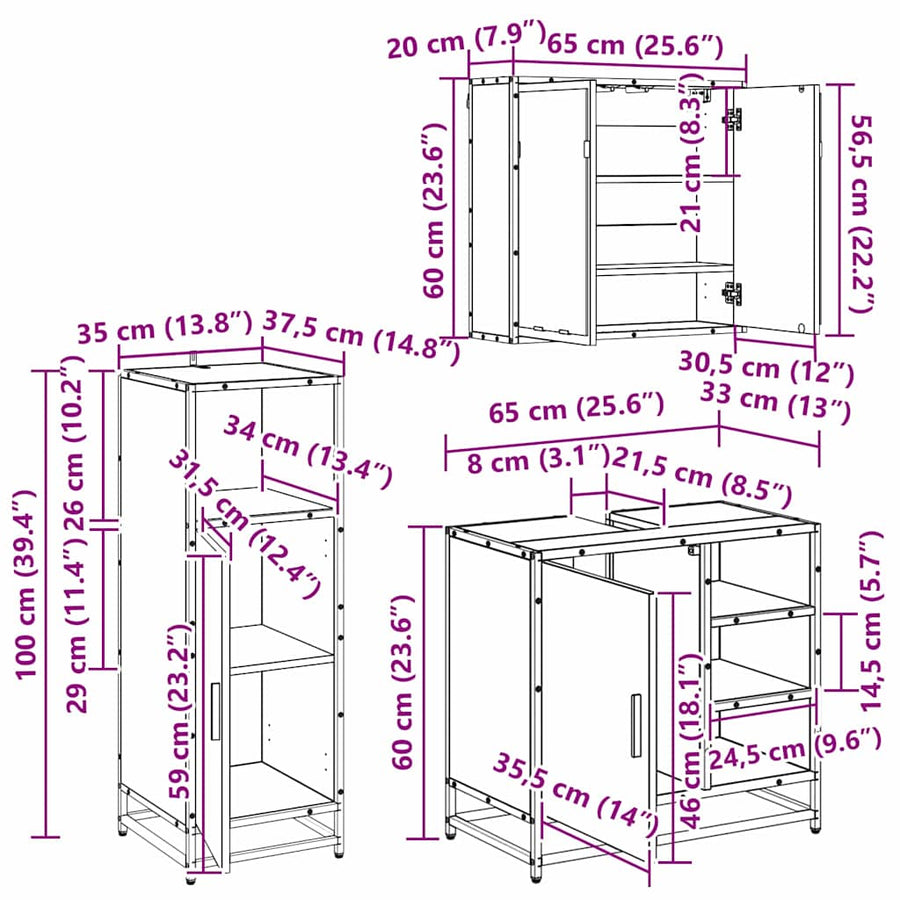 Badkamermeubelset met opslag 3 pcs Zwart eiken 65 x 33 x 60 cm