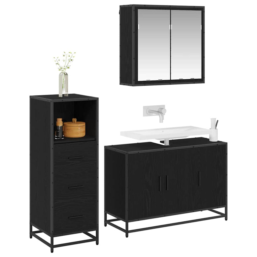 Badkamermeubelset met lade 3 pcs Zwart eiken 90 x 33 x 60 cm