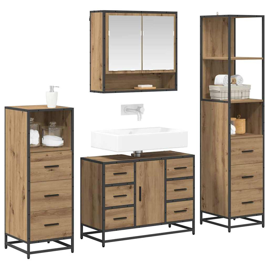 Badkamermeubelset 4 Pcs Artisanaal Eikenkleurig Bewerkt Hout