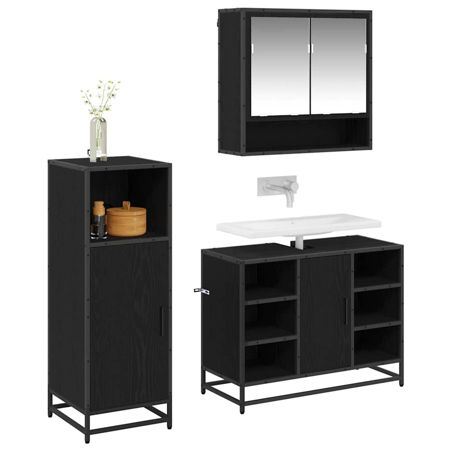 Badkamermeubelset met plank 3 pcs Zwart Eiken Bewerkt hout