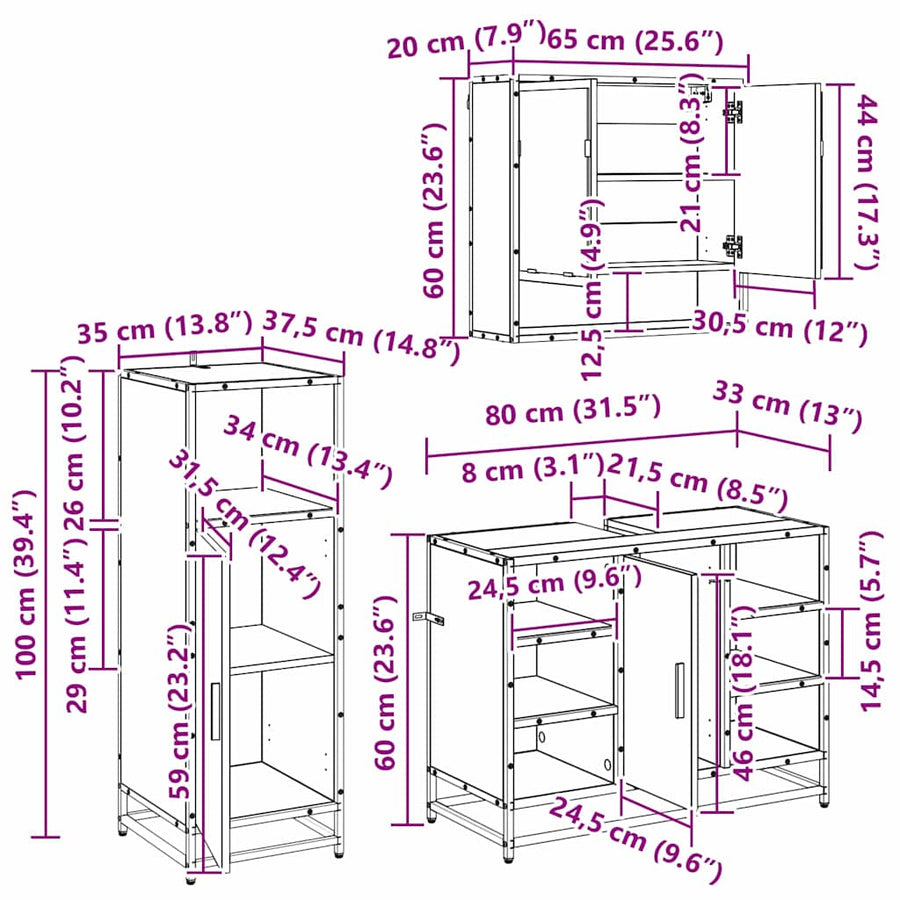 Badkamermeubelset met plank 3 pcs Zwart Eiken Bewerkt hout