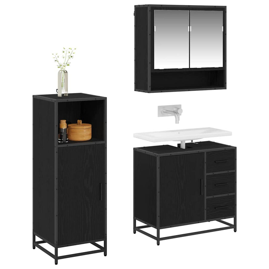 Badkamermeubelset met lade 3 pcs Zwart Eiken Bewerkt hout