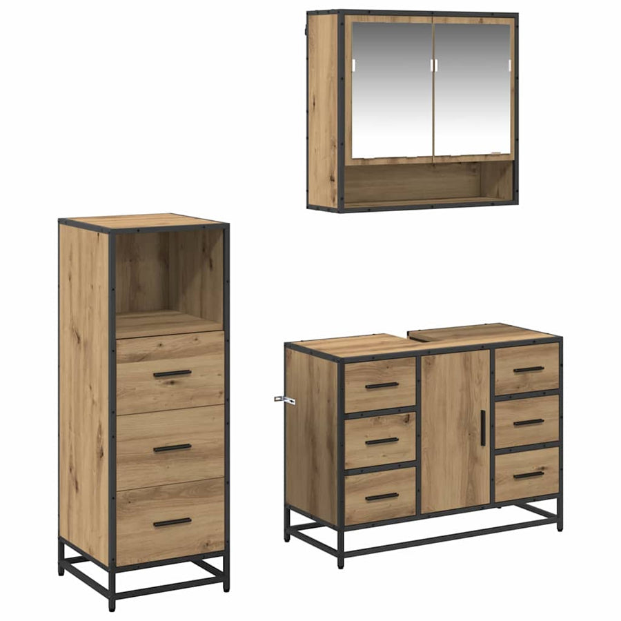 Badkamermeubelset 3 Pcs Artisanaal Eikenkleurig Bewerkt Hout