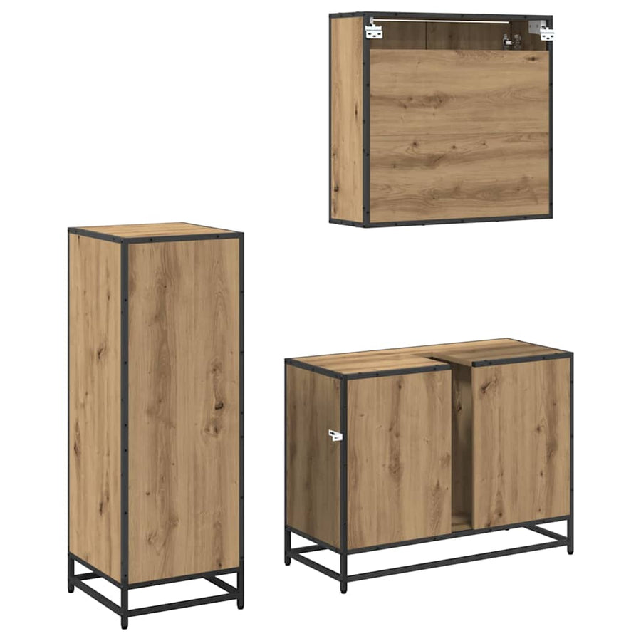 Badkamermeubelset 3 Pcs Artisanaal Eikenkleurig Bewerkt Hout