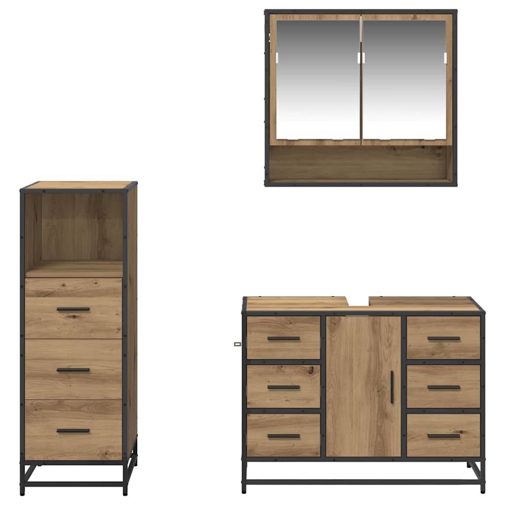 Badkamermeubelset 3 Pcs Artisanaal Eikenkleurig Bewerkt Hout