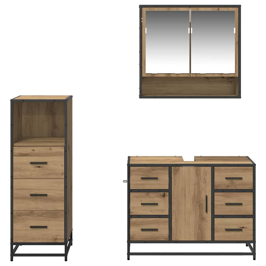 Badkamermeubelset 3 Pcs Artisanaal Eikenkleurig Bewerkt Hout