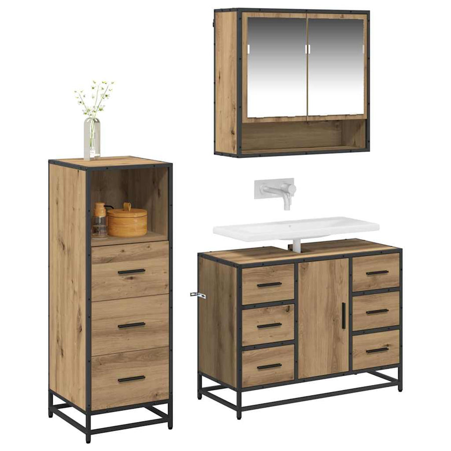 Badkamermeubelset 3 Pcs Artisanaal Eikenkleurig Bewerkt Hout