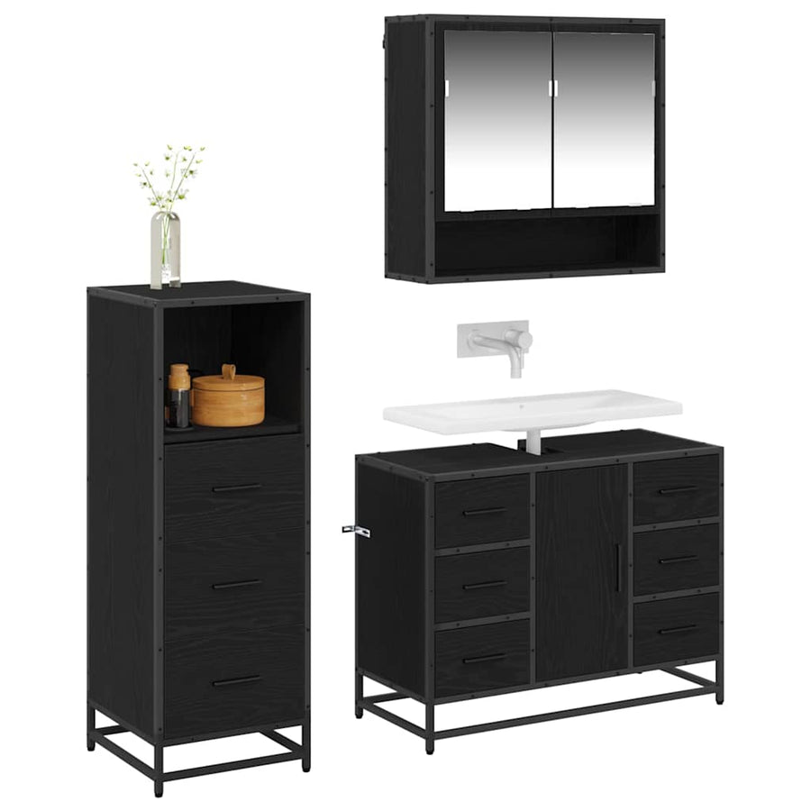 Badkamermeubelset met lade 3 pcs Zwart eiken 80 x 33 x 60 cm