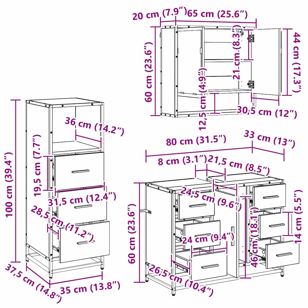 Badkamermeubelset met lade 3 pcs Zwart eiken 80 x 33 x 60 cm
