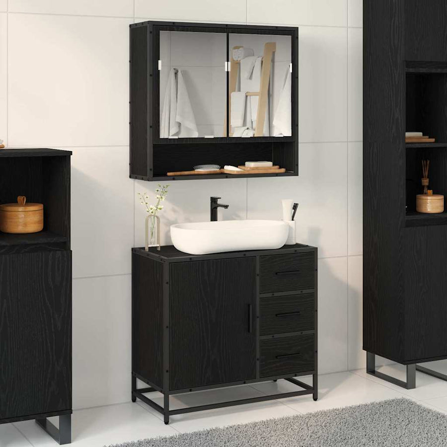 Badkamermeubelset met lade 2 pcs Zwart Eiken Bewerkt hout