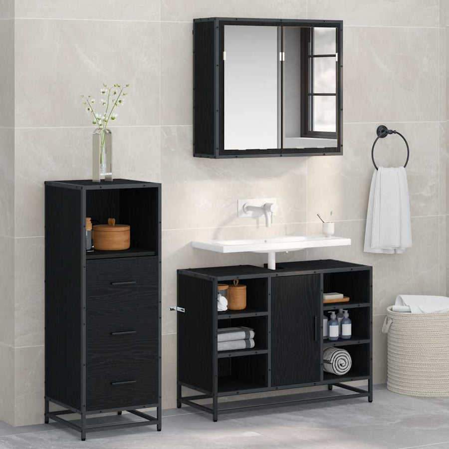 Badkamermeubelset met lade 3 pcs Zwart eiken 80 x 33 x 60 cm