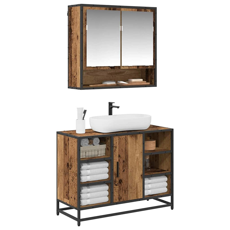 Badkamermeubelset met plank 2 pcs Oud Hout Bewerkt hout