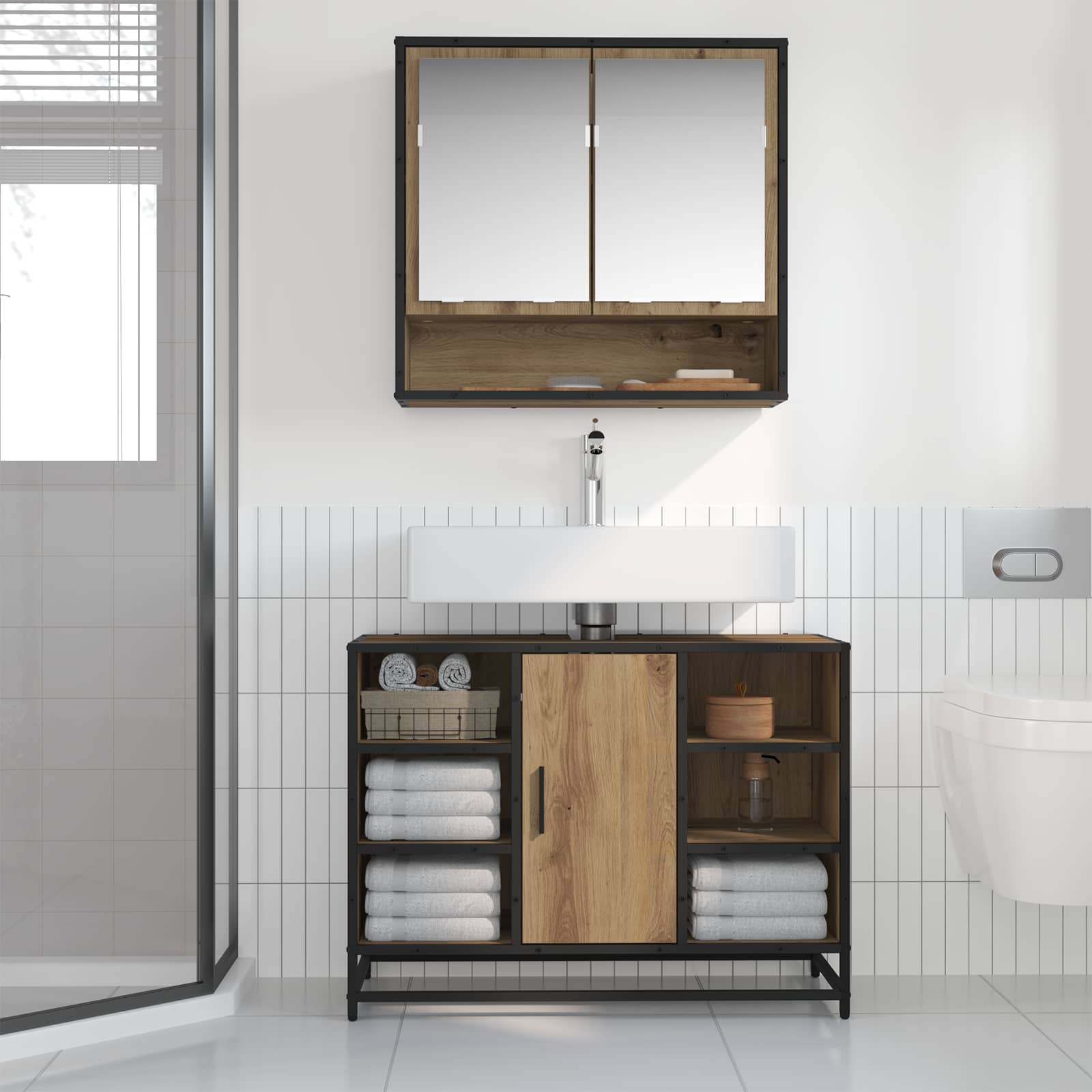 Badkamermeubelset met plank 2 pcs Artisan Eiken Bewerkt hout
