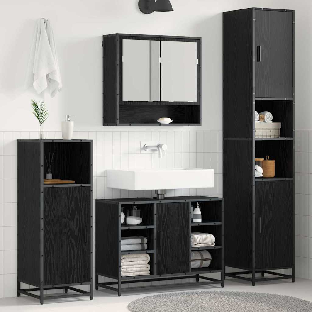 Badkamermeubelset met plank 4 pcs Zwart Eiken Bewerkt hout