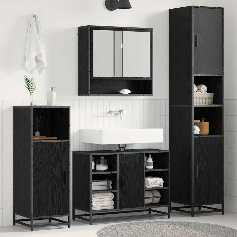 Badkamermeubelset met plank 4 pcs Zwart Eiken Bewerkt hout