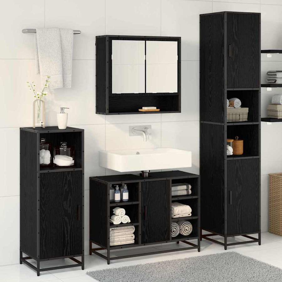 Badkamermeubelset met plank 4 pcs Zwart Eiken Bewerkt hout