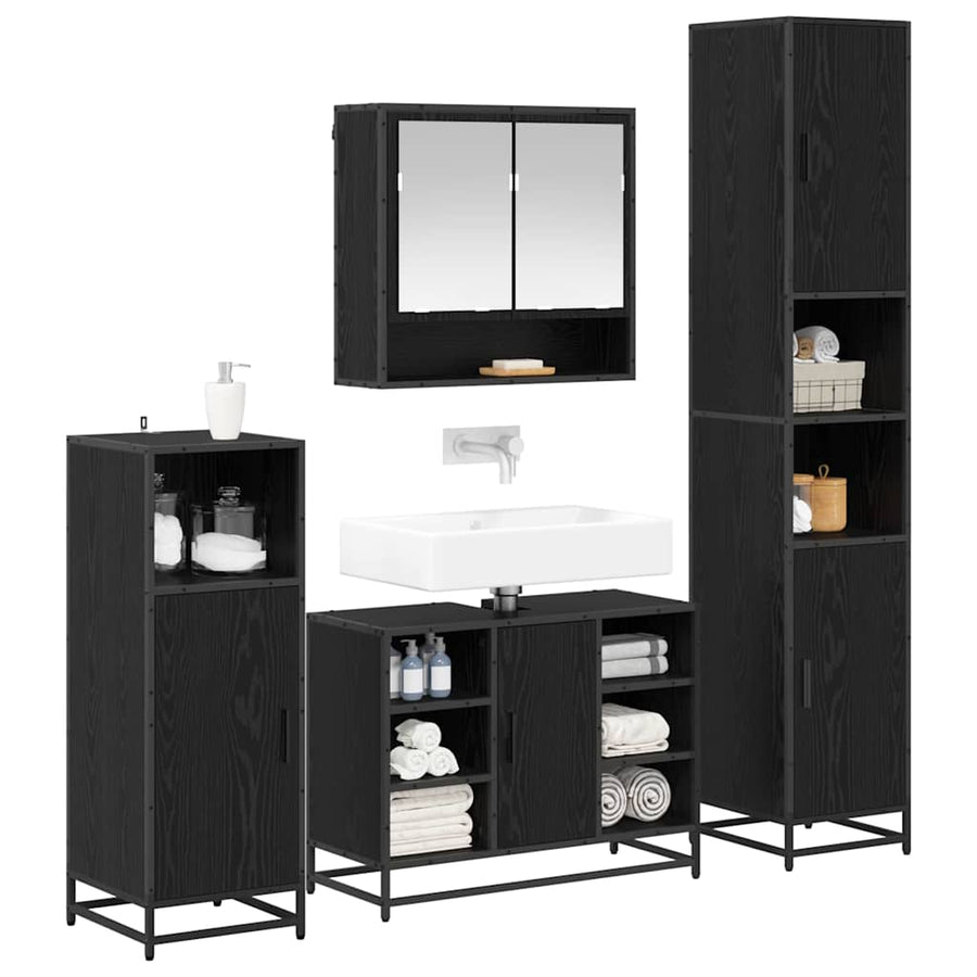 Badkamermeubelset met plank 4 pcs Zwart Eiken Bewerkt hout