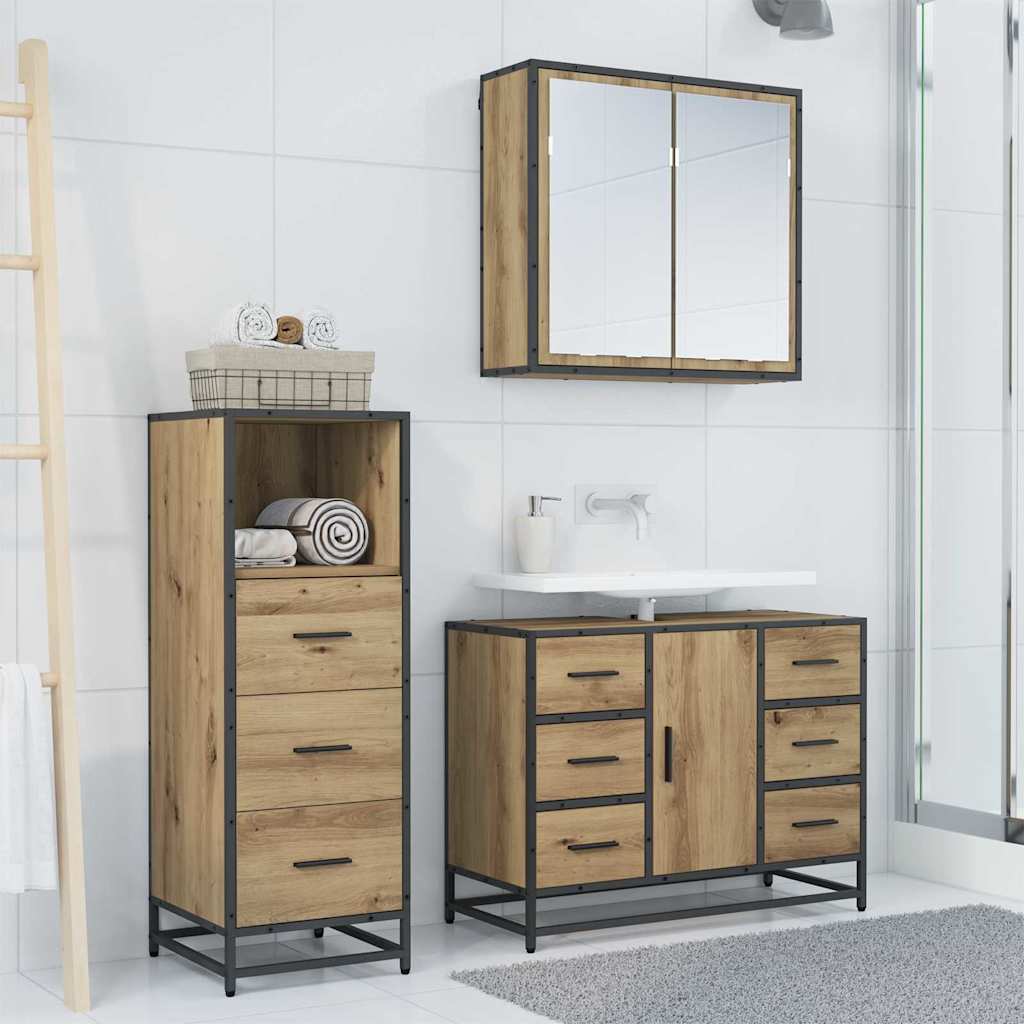 Badkamermeubelset 3 Pcs Artisanaal Eikenkleurig Bewerkt Hout