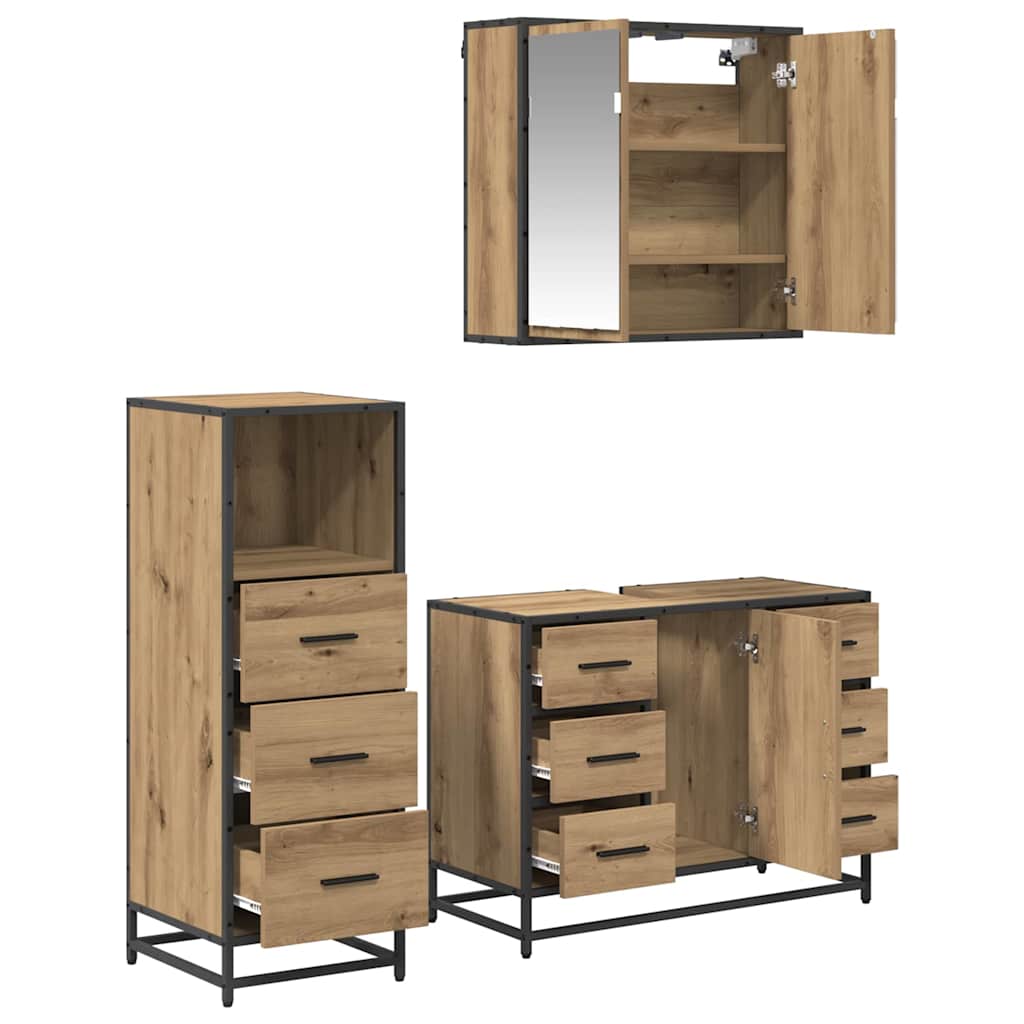 Badkamermeubelset 3 Pcs Artisanaal Eikenkleurig Bewerkt Hout