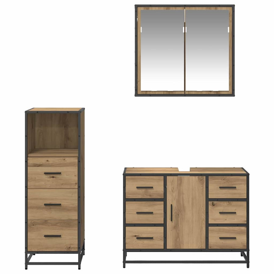Badkamermeubelset 3 Pcs Artisanaal Eikenkleurig Bewerkt Hout