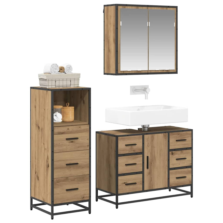 Badkamermeubelset 3 Pcs Artisanaal Eikenkleurig Bewerkt Hout