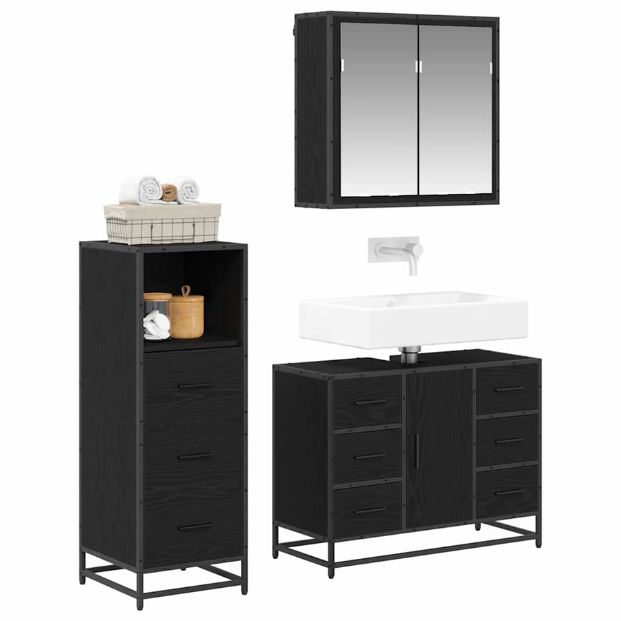 Badkamermeubelset met lade 3 pcs Zwart eiken 80 x 33 x 60 cm
