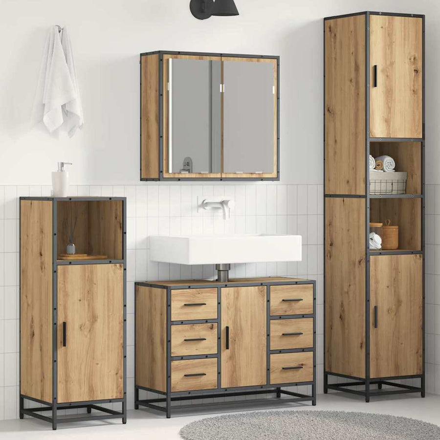 Badkamermeubelset 3 Pcs Artisanaal Eikenkleurig Bewerkt Hout
