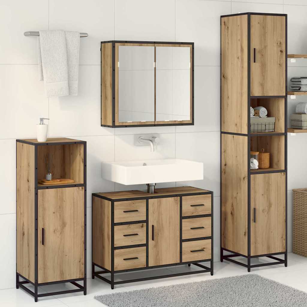 Badkamermeubelset 3 Pcs Artisanaal Eikenkleurig Bewerkt Hout