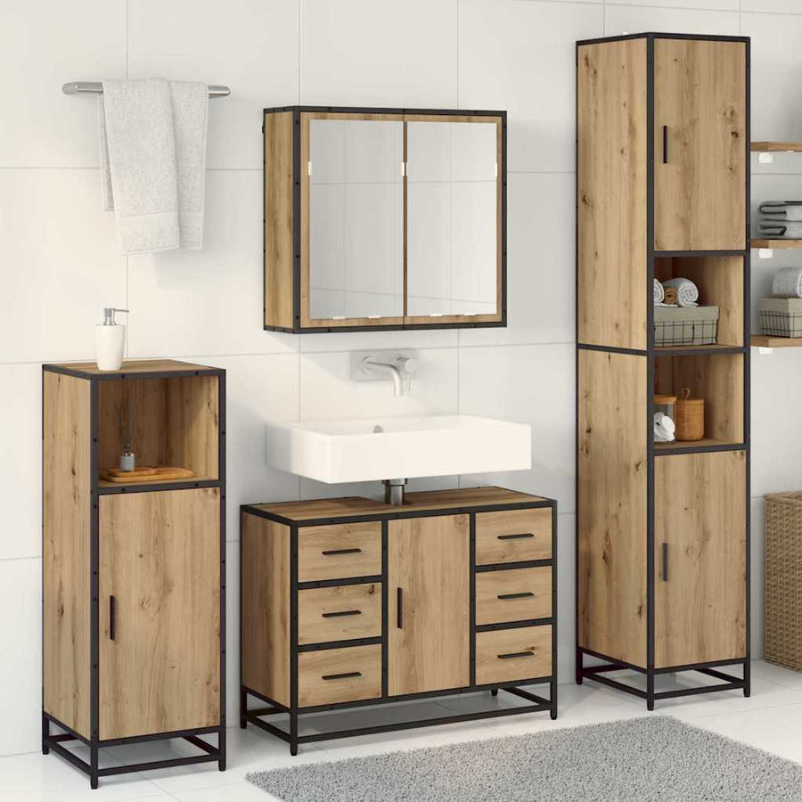 Badkamermeubelset 3 Pcs Artisanaal Eikenkleurig Bewerkt Hout